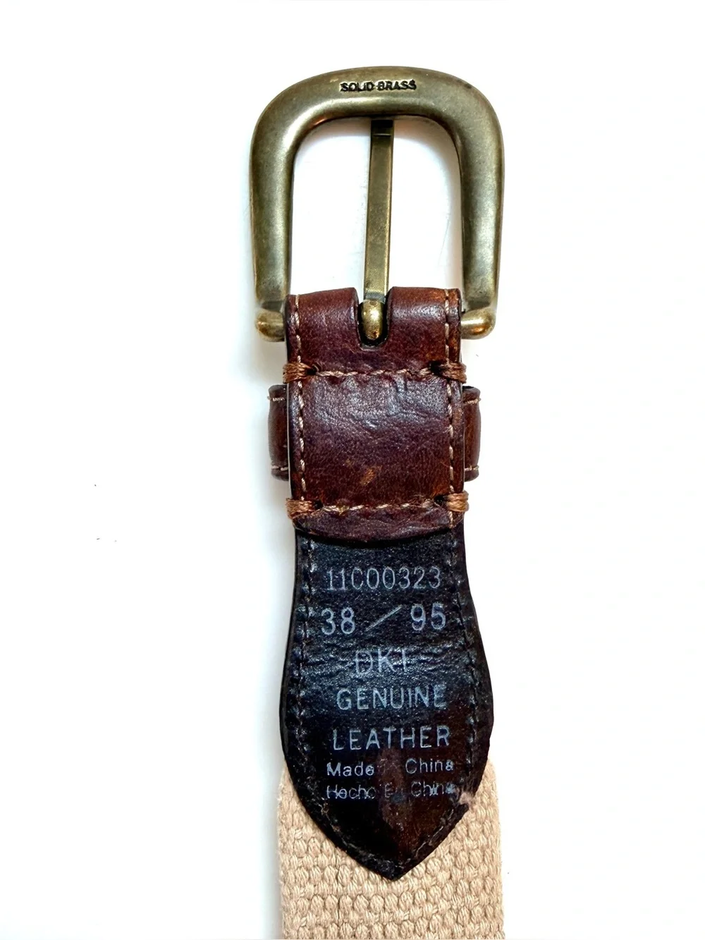 Columbia Canvas Belt Mens 38 Beige Brown Leather Trim Brass Buckle Preppy
